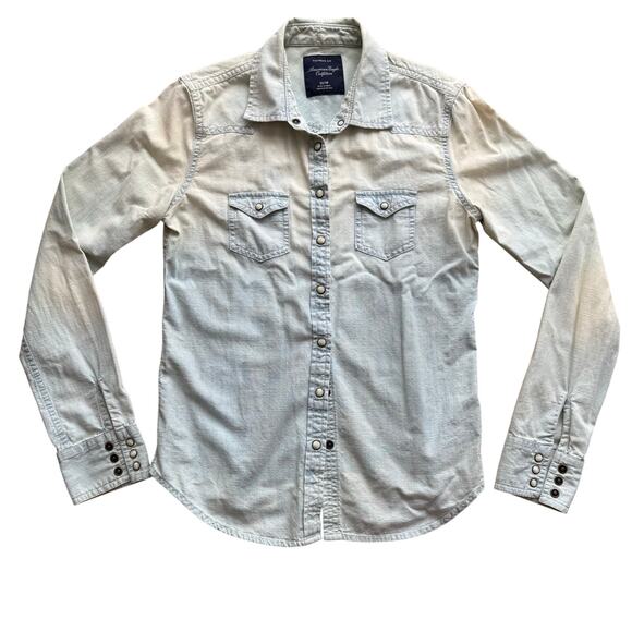 American Eagle Favorite Fit Pearl Snap Button Down Denim Shirt Size XS Western - Picture 1 of 11